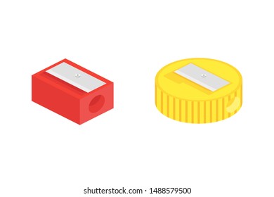 Pencil sharpener colored isolated vector on white background. Plastic school instrument. Trendy isometric design. EPS 10
