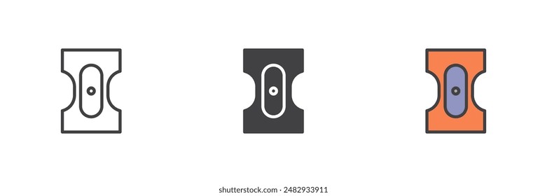 Pencil sharpener different style icon set. Line, glyph and filled outline colorful version, outline and filled vector sign. Symbol, logo illustration. Vector graphics