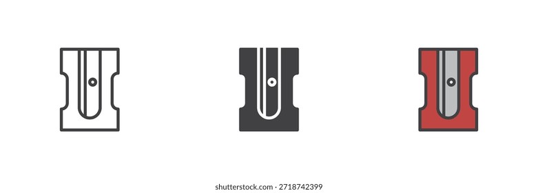 Icono de educación de sacapuntas de lápiz en línea, estilo colorido de contorno sólido y relleno. Accesorio de papelería signo y Vector. Icono de Educación para útiles escolares y herramientas de escritura.