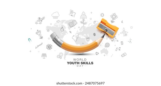 Pencil with sharpener and Educational background for world youth skills day theme.