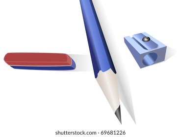 Pencil, pencil sharpener and an elastic band with shadow on a white background