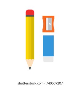 Pencil, Sharpener, Eraser for School and Business. Vector Flat Design Illustration