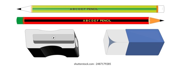 Pencil, Pencil sharpener, Pencil  eraser stationery item vector illustration