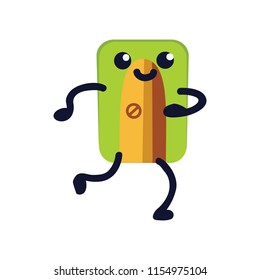 Pencil sharpener flat icon, Funny green school supply symbol with arms and happy facial emotion. C