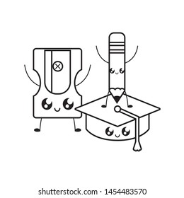 pencil with sharpener and hat graduation kawaii style