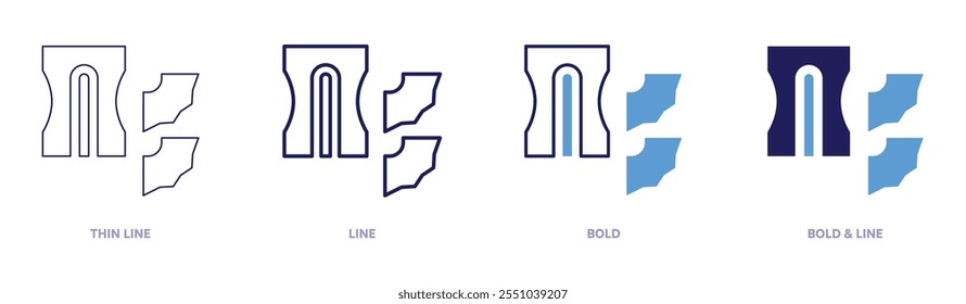 Ícone de apontador de lápis em 4 estilos diferentes. Linha fina, Linha, Negrito e Linha Negrito. Estilo duotônico. Traçado editável.