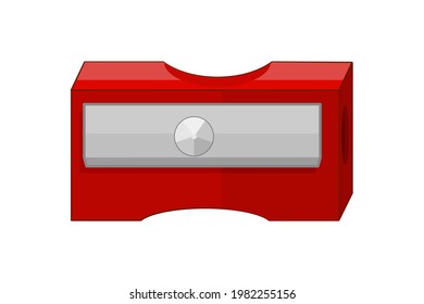 Pencil sharpener isolated on white background. Cartoon red sharpener icon. Plastic sharpener with one hole for school and office. Student items. Education tool. Stock vector illustration