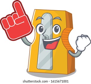 Pencil sharpener mascot cartoon style holding a Foam finger
