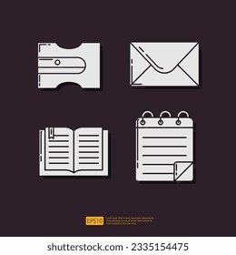 Pencil sharpener, paper envelope email, open reading text book, document note. School or office stationery glyph icon set. Vector Collection Illustration