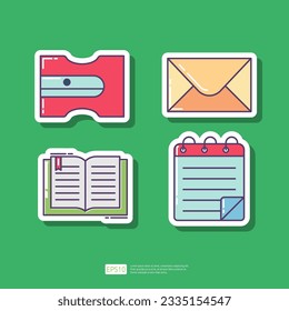 Pencil sharpener, paper envelope email, open reading text book, document note. School or office stationery sticker icon set. Vector Collection Illustration