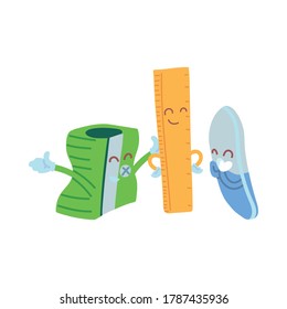 pencil sharpener, ruler and eraser with happy face cartoon, school supplies vector illustration design