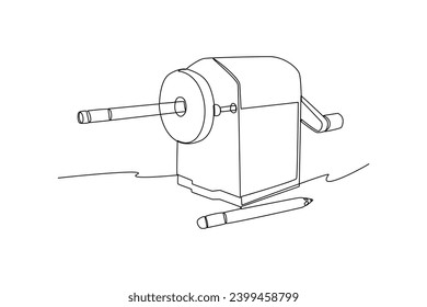 Pencil sharpener. School equipment, Minimalist school supplies. Simple line, black and white background, simple continuous line.