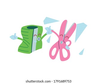 pencil sharpener and scissors with happy face cartoon, school supplies vector illustration design