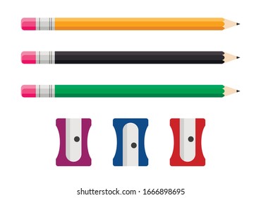 Pencil and sharpener set isolated on white background, Vector illustration