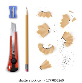 Pencil sharpener set, manual shaving tools and shavings. School, business, office usage. Vector pencil sharpener realistic illustration on white background