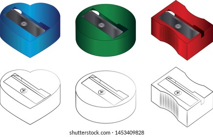 Pencil sharpener. A set of multi-colored sharpeners of different shapes. Isolated on white background.