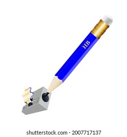 Pencil sharpener with shavings. Vector illustration of sharpening a blue pencil. Design of a school poster, signboard, booklet, notebook
