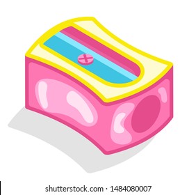 Pencil sharpener is small handheld device for making a sharp point on pencils. Pen is rotated and tips are sharpened by razor vector illustration. Back to school concept. Flat cartoon isometric 3d