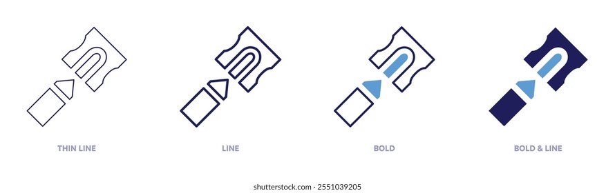 Ícone de ferramentas do apontador de lápis em 4 estilos diferentes. Linha fina, Linha, Negrito e Linha Negrito. Estilo duotônico. Traçado editável.