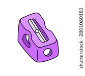 pencil sharpener vector illustration. Kawaii purple sharpener tool school stationery cartoon icon isolated.