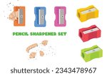 Pencil sharpener vector set. Object with a blade inside to make a pencil sharp. Pencil shaving. Pencil waste. Back to school concept. School supplies vector. Flat and 3D vector in cartoon style.