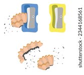 Pencil sharpener vector set. Object with a blade inside to make a pencil sharp. Pencil shavings. Pencil waste. Back to school concept. School supplies vector. Flat vector in cartoon doodle style.