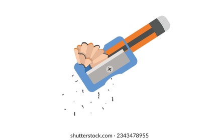 Pencil sharpener vector set. Object with a blade inside to make a pencil sharp. Pencil shavings. Pencil waste. Back to school concept. School supplies vector. Flat and 3D vector in cartoon style.