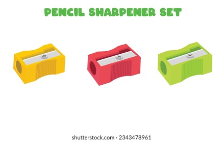 Pencil sharpener vector set. Object with a blade inside to make a pencil sharp. Pencil shavings. Pencil waste. Back to school concept. School supplies vector. Flat and 3D vector in cartoon style.