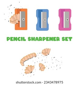 Pencil sharpener vector set. Object with a blade inside to make a pencil sharp. Pencil shavings. Pencil waste. Back to school concept. School supplies vector. Flat and 3D vector in cartoon style.