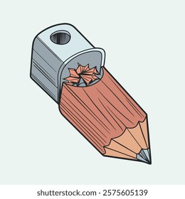 Pencil sharpener for wooden pencil cutter with sharp blade and wood pencil, sharpener with pencil and cutter peeling off pencils with dust on head.