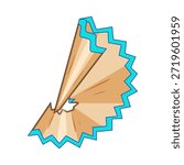 Pencil shaving spiral from a sharpened blue pencil, showing wood grain and jagged edge on white backgroundsymbol of creativity, school supplies and drawing tools