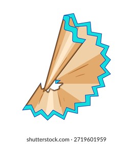 Pencil shaving spiral from a sharpened blue pencil, showing wood grain and jagged edge on white backgroundsymbol of creativity, school supplies and drawing tools