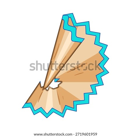 Pencil shaving spiral from a sharpened blue pencil, showing wood grain and jagged edge on white backgroundsymbol of creativity, school supplies and drawing tools
