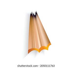 Pencil shavings with graphite rod. Color cartoon icon for web design. Realistic design of isolated item on white background, vector illustration