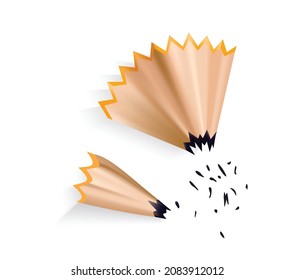 Pencil shavings with graphite rod. Color cartoon icon for web design. Realistic design of isolated item on white background, vector illustration