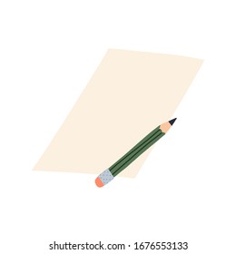A pencil and a sheet of paper in trendy hand drawn style. Flat vector illustration.