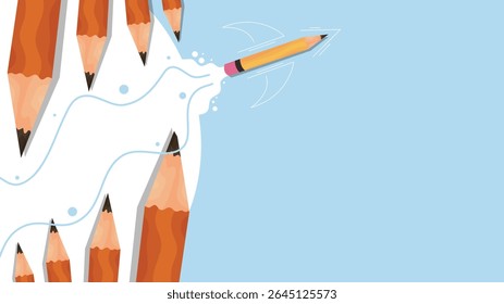 A pencil shoots out from colored pencils making a creative splash on light blue background