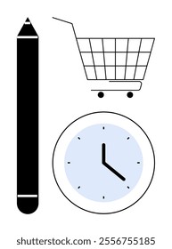 Pencil, shopping cart, and clock icons in a minimalist style. Ideal for business planning, time management, online shopping, productivity, and education. Black, white, and light blue colors convey