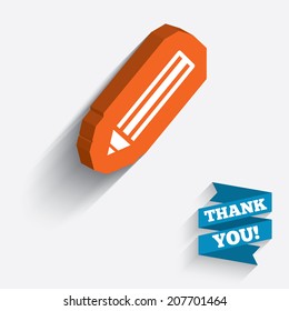 Pencil sign icon. Edit content button. White icon on orange 3D piece of wall. Carved in stone with long flat shadow. Vector