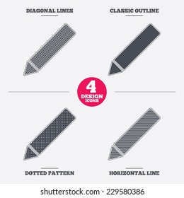 Pencil sign icon. Edit content button. Diagonal and horizontal lines, classic outline, dotted texture. Pattern design icons.  Vector