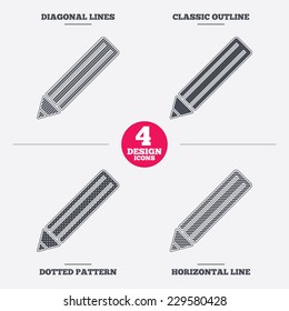 Pencil sign icon. Edit content button. Diagonal and horizontal lines, classic outline, dotted texture. Pattern design icons.  Vector