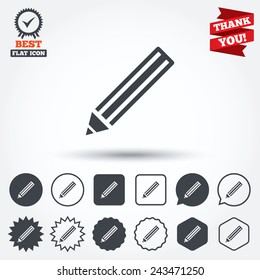Pencil sign icon. Edit content button. Circle, star, speech bubble and square buttons. Award medal with check mark. Thank you ribbon. Vector