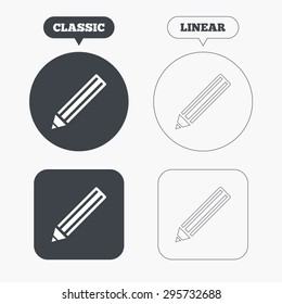 Pencil sign icon. Edit content button. Classic and line web buttons. Circles and squares. Vector