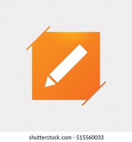 Pencil sign icon. Edit content button. Orange square label on pattern. Vector