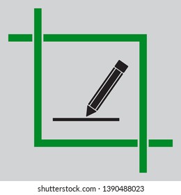 Pencil sign illustration. Black icon inside green crop tool at light gray background