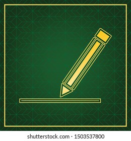 Pencil sign illustration. Golden icon with gold contour at dark green gridded white background. Illustration.