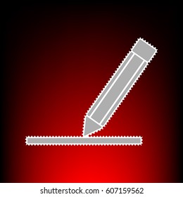Pencil sign illustration. Postage stamp or old photo style on red-black gradient background.