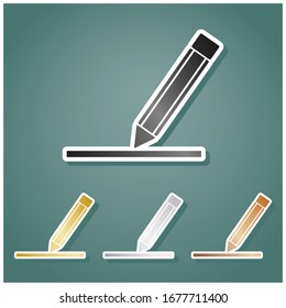 Pencil sign illustration. Set of metallic Icons with gray, gold, silver and bronze gradient with white contour and shadow at viridan background. Illustration.
