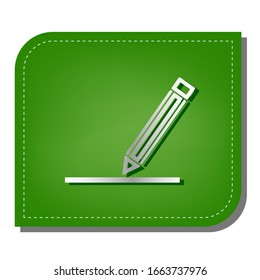 Pencil sign illustration. Silver gradient line icon with dark green shadow at ecological patched green leaf. Illustration.
