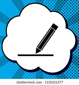 Pencil sign illustration. Vector. Black icon in bubble on blue pop-art background with rays.